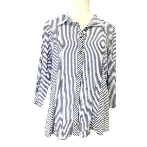 Naif Women’s Blue and White Striped Button-up Collared Blouse Sz Medium Petite - Picture 1 of 6